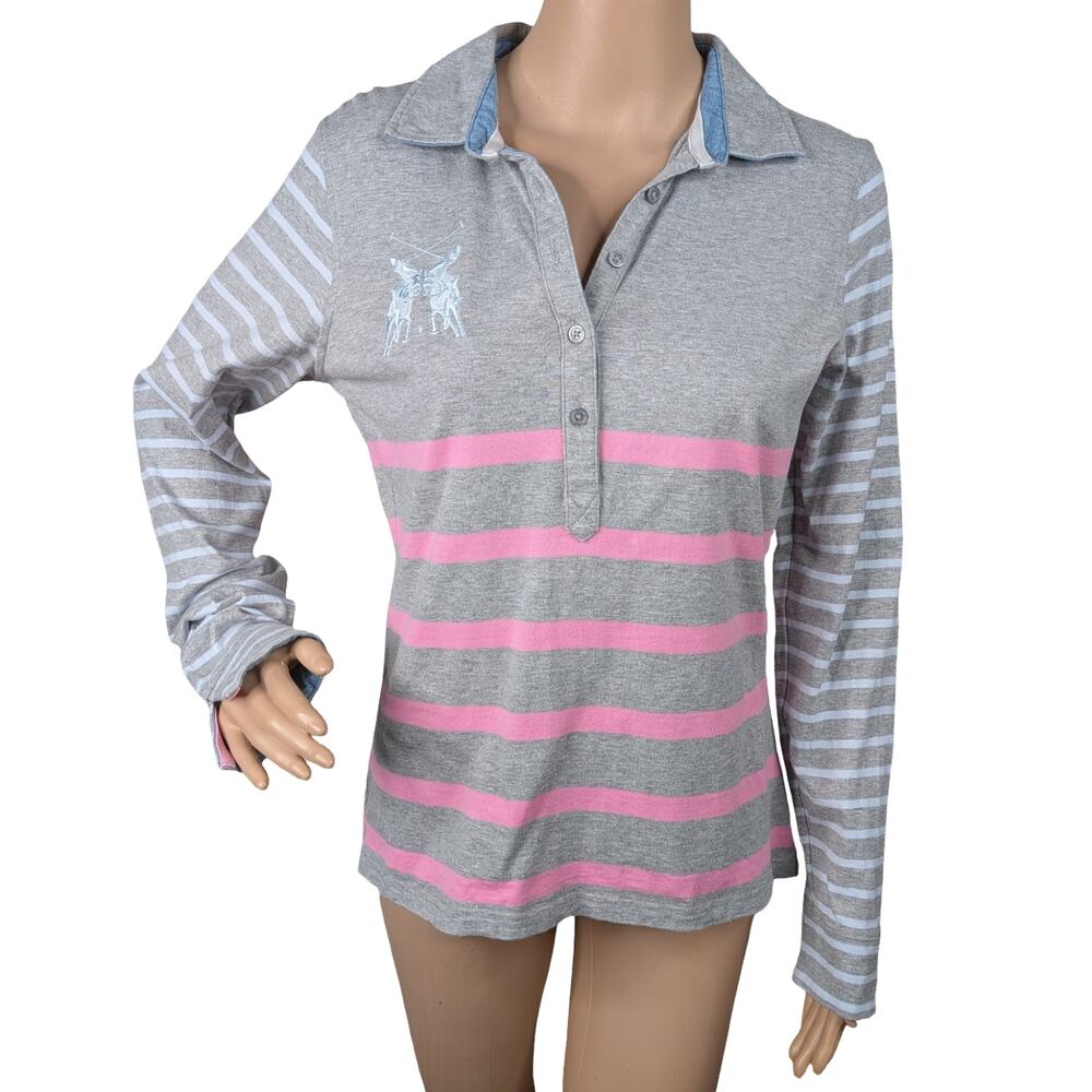 Joules Belvoir Long Sleeve Polo Shirt US 6 Stripe Cotton Rugby Equestrian Top